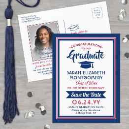Small 1 Photo Red White & Blue Graduation Save The Date Announcement Postinvitations Front View