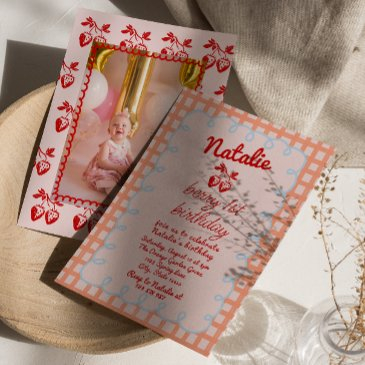 1st berry hand drawn strawberry photo birthday invitation