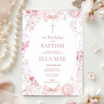 1st birthday and baptism for girl pink toile invitation