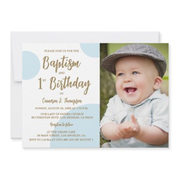 1st birthday baptism photo blue gold custom invitation