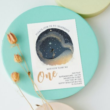 1st birthday celestial star watercolor girl photo invitation