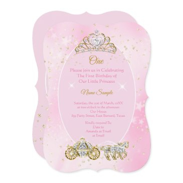 1st birthday cinderella pink carriage photo invitation