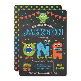 Small 1st Birthday Cute Little Monster Party Chalkboard Invitation Front View