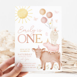 Small 1st Birthday Farm Animals Barnyard Party Girls Invitation Front View