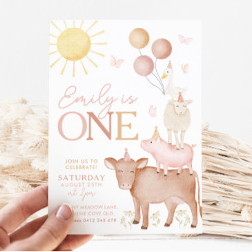 1st birthday farm animals barnyard party girls invitation