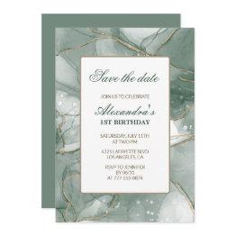 Small 1st Birthday Invitations Save The Date Green Front View