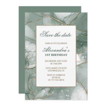 1st birthday invitations save the date green