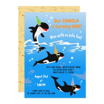 1st birthday under the sea orca whale baby girl invitation