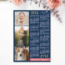 Small 2025 Calendar Navy Coral Gold Photo Collage Magnet Front View