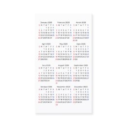 Small 2025 Wallet Size Calendar Sunday Start Business Invitations Front View