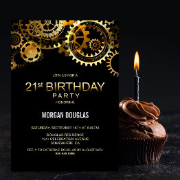 Small 21st Birthday Black Gold Steampunk Watch Gears Invitation Front View