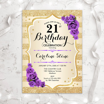 21st birthday - gold stripes purple roses invitation