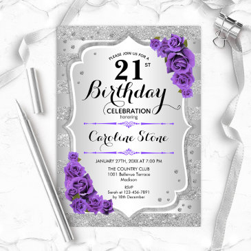 21st birthday - silver stripes purple roses invitation