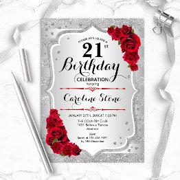 Small 21st Birthday - Silver Stripes Red Roses Invitation Front View