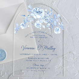 Small 21st Birthday Surprise Party Blue Floral Arch Acrylic Invitations Front View