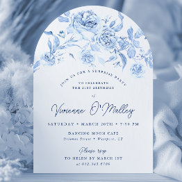 Small 21st Birthday Surprise Party Blue Floral Arch Invitation Front View