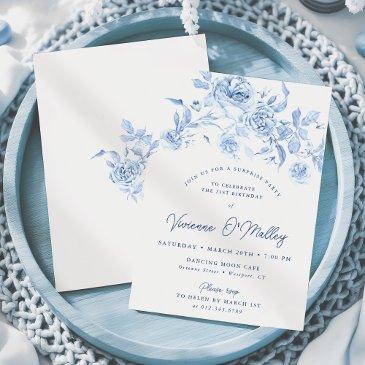 21st birthday surprise party dusty blue floral invitation