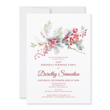 21st birthday surprise party greenery red berry invitation