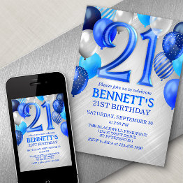 Small 21st Mens Blue Birthday Invitation Front View