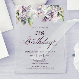 Small 25th Birthday Purple Spring Lilac Flower Acrylic Invitations Front View
