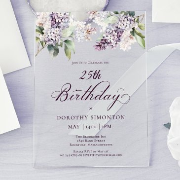 25th birthday purple spring lilac flower acrylic invitations