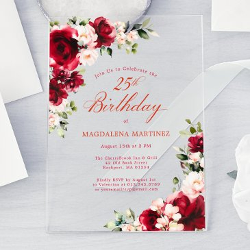 25th birthday red rose pink peony floral acrylic invitations