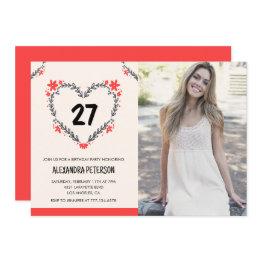 Small 27th Birthday Invitations For Her Floral Heart Front View