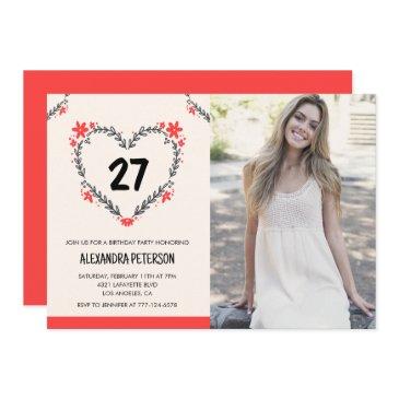 27th birthday invitations for her floral heart