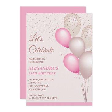 27th birthday invitations pink balloons confetti