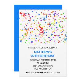 Small 27th Birthday Invitations Rainbow Confetti Boy Front View