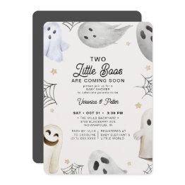 Small 2 Little Boos Neutral Twins Halloween Baby Shower Invitation Front View