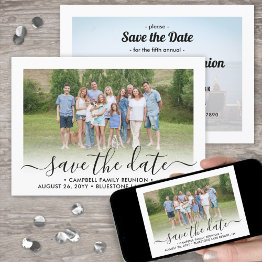 Small 2 Photo Family Reunion Party Modern Elegant Script Save The Date Front View