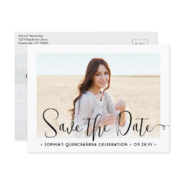 Small 2 Photo Quinceañera Trendy Script Save The Date Announcement Postinvitations Front View