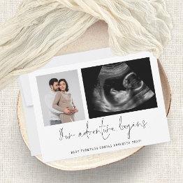 Small 2 Photos Adventure Begins Pregnancy Announcement Front View