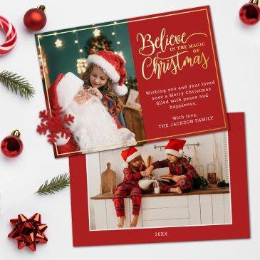2 photos believe in christmas magic family red foil holiday invitations