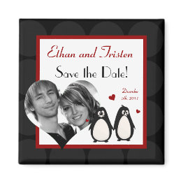 Small 2"x2" Save The Date Magnet Penguin Love Couple Mat Front View