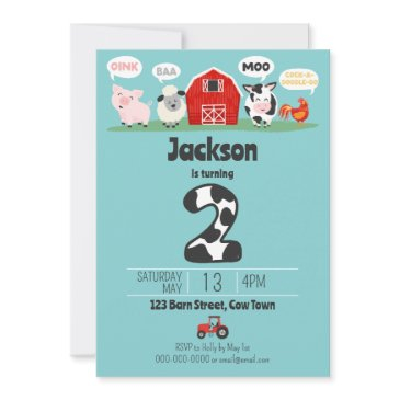 2nd birthday farm animals oink baa moo kids invitation