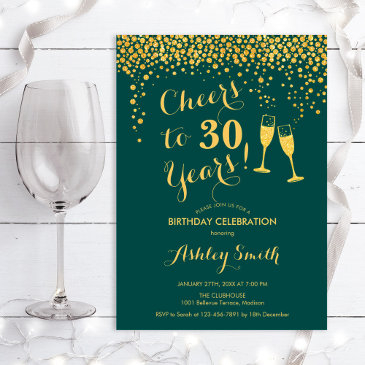 30th birthday cheers to 30 years - emerald green invitation
