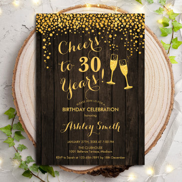 30th birthday - cheers to 30 years gold wood invitation