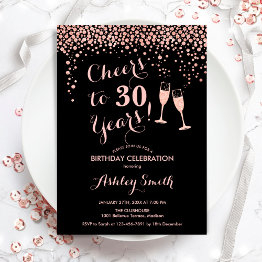 Small 30th Birthday - Cheers To 30 Years Rose Gold Black Invitation Front View