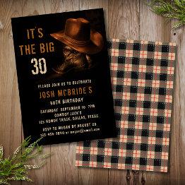 Small 30th Birthday Rustic Cowboy Hat And Leather Boots Invitation Front View