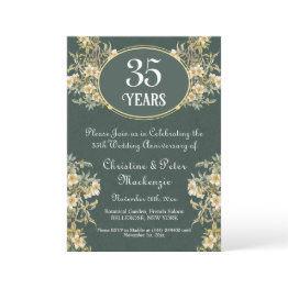 Small 35th Coral Jade Wedding Anniversary Rich Floral Invitation Front View
