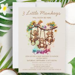 Small 3 Little Monkeys Triplet Baby Shower Invitation Front View