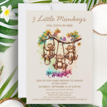 3 little monkeys triplet baby shower invitation