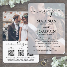 Small 3 Qr Codes Elegant Script All-in-one Photo Wedding Invitation Front View