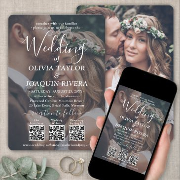 3 qr codes modern all-in-one 2 photo white wedding invitation