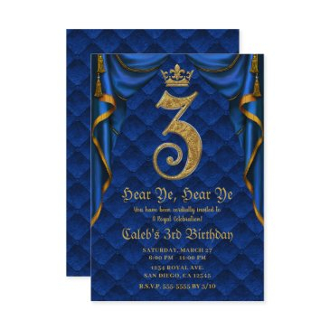 3rd 3 three birthday party royal blue gold crown invitation