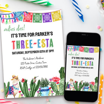 3rd birthday three-esta colorful mexican fiesta invitation