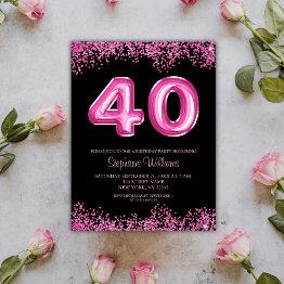 Small 40th Birthday Black Pink Balloons Glitter Party Invitation Postinvitations Front View