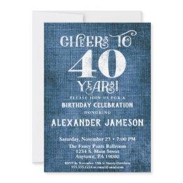 Small 40th Birthday Invitation Blue Linen Rustic Cheers Front View